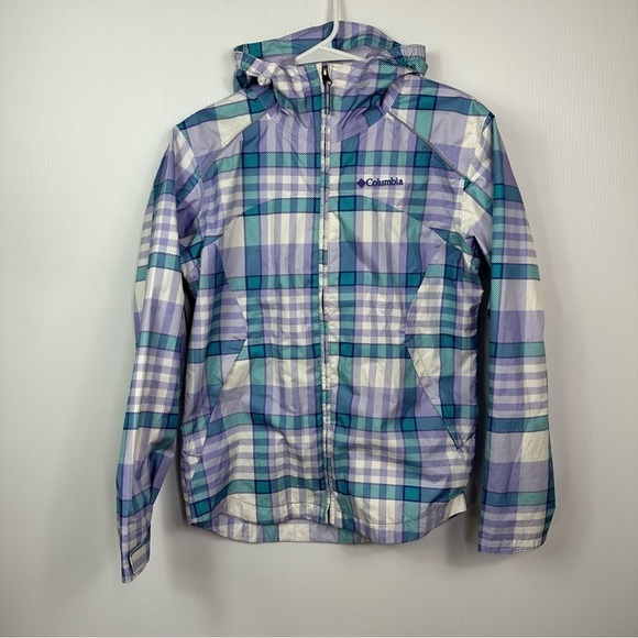 Columbia Girls Jacket Large Hooded Plaid Windbreaker Raincoat Rain - Picture 4 of 13